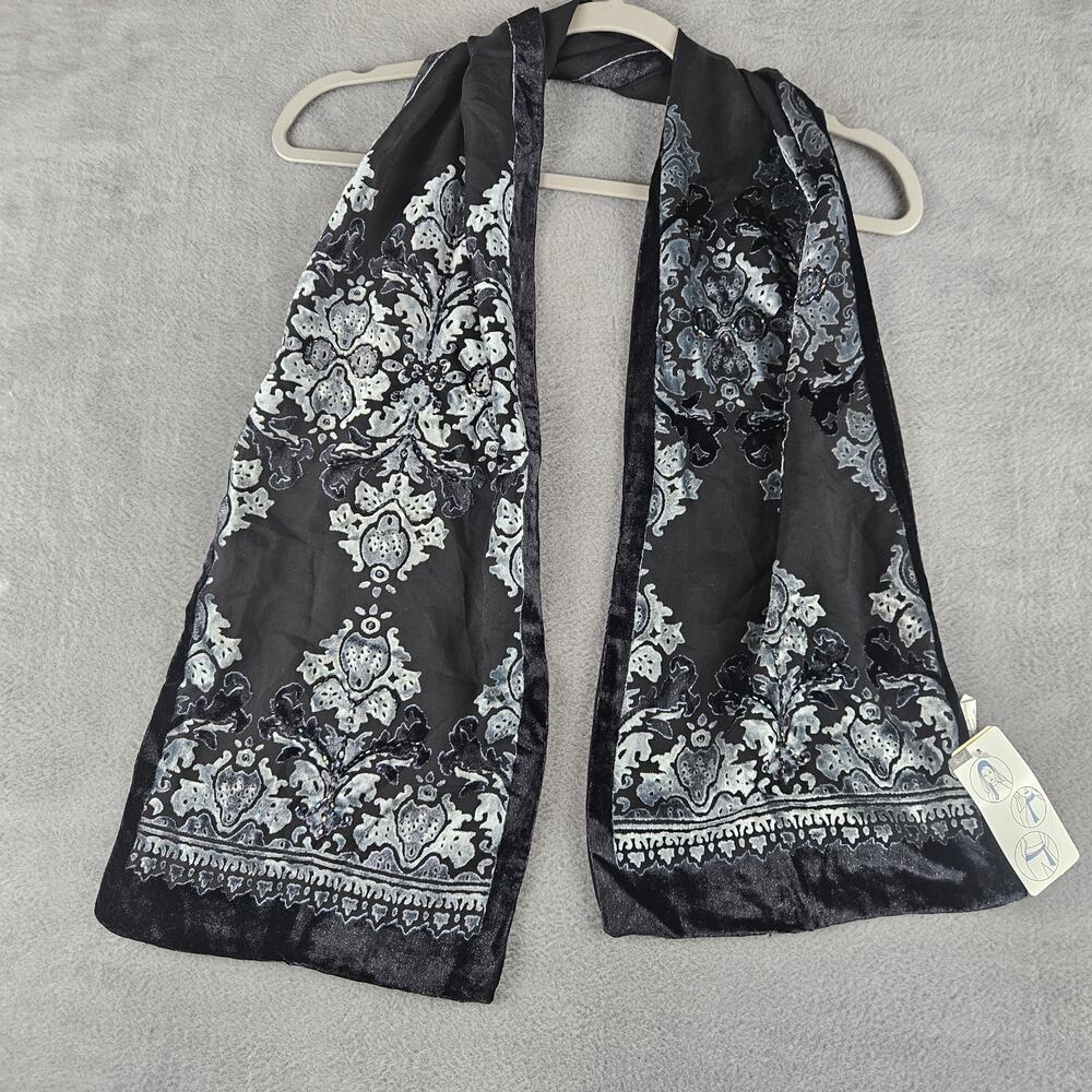 Charlotte Black Burnout Velvet Scarf Floral Baroque Embossed Beaded Accents